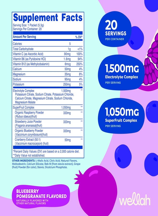 Wellah Splish Splash Hydration (Blueberry Pomegranate) 20 Stick Packs - Electrolyte Drink Mix with Superfruit Complex - Image 2